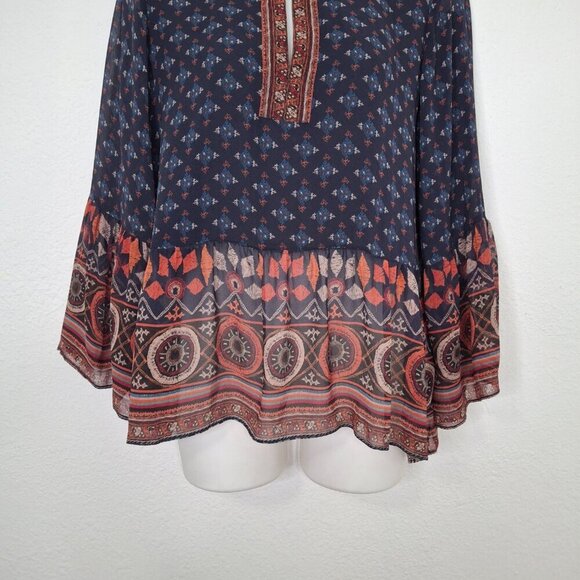 Joie Silk Babydoll Blouse Sz S Sheer Boho Western Aztec Coastal Cowgirl Artsy - Picture 5 of 14